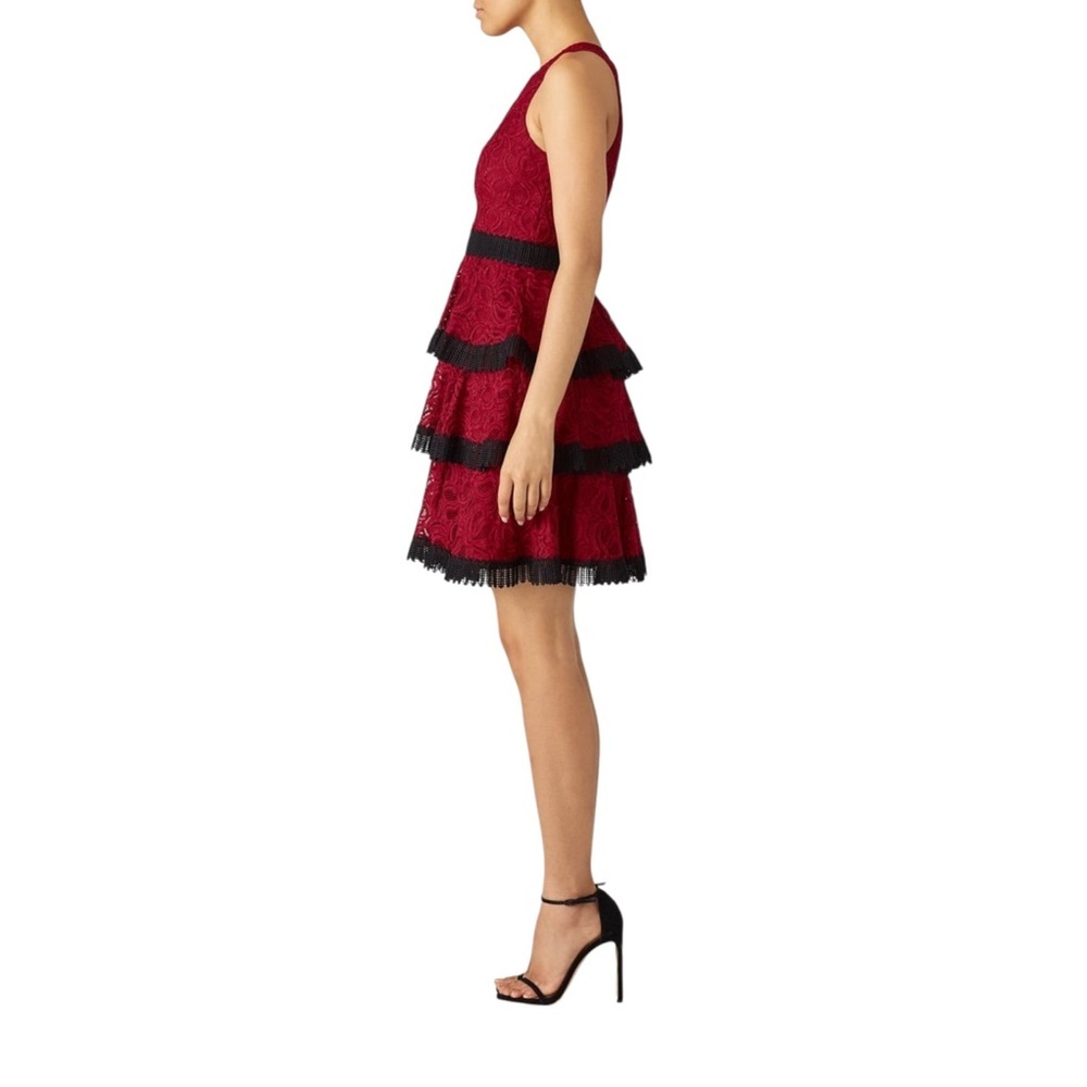 Aidan Mattox Lace Tiered Dress Size 8 Ruffled Lace A Line Burgundy Red Black - Picture 4 of 7